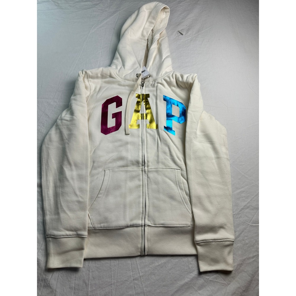 NWT Gap Factory Womens Sherpa Lined Logo Zip Hoodie Cream Rainbow Foil Small NEW